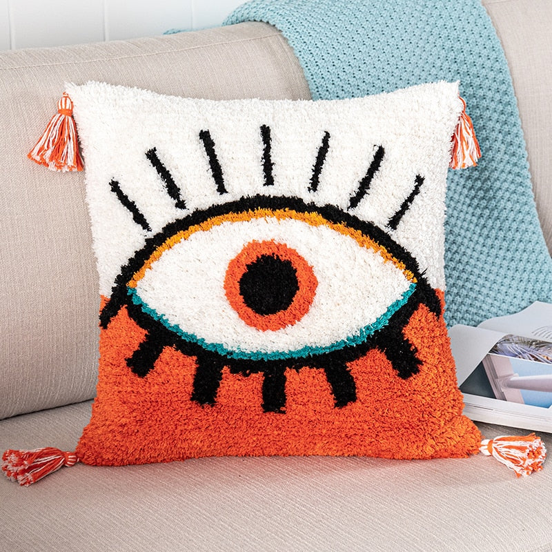 Eye Embroidered Pillow Cover with Tassel