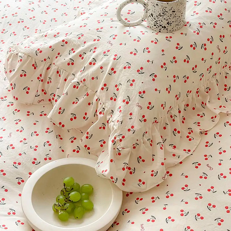 Set de Duvet Microfiber Ruffled 4 Peças - Cereja