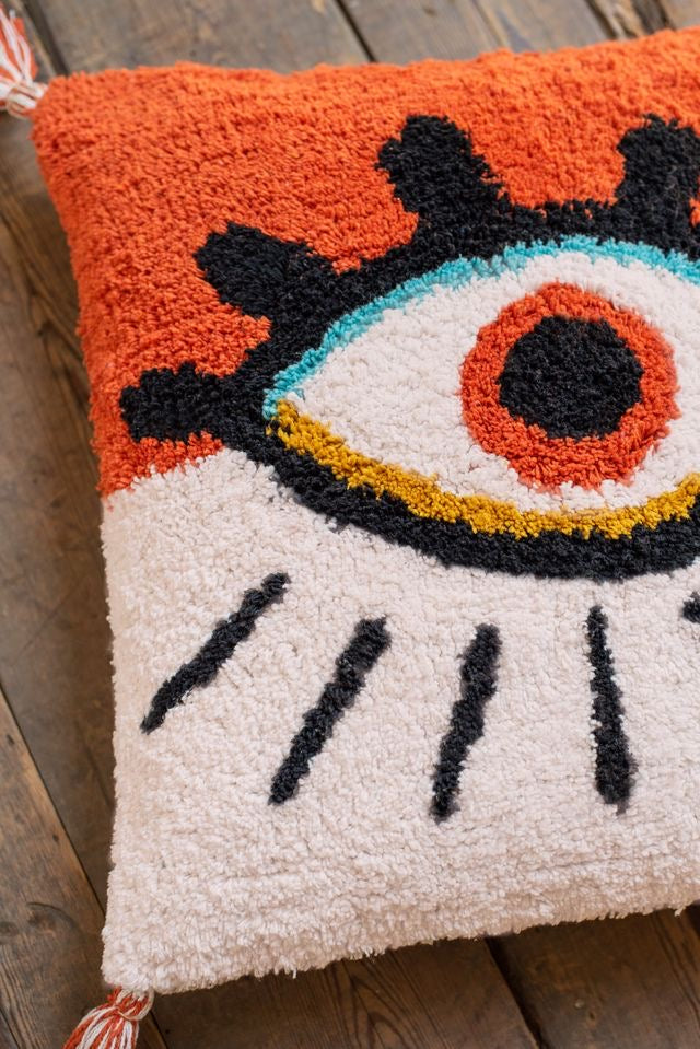 Eye Embroidered Pillow Cover with Tassel